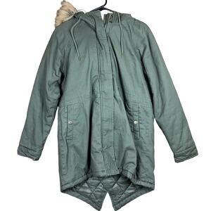 Aeropostale Womens Jacket Green Park Faux Fur Trim Hooded Lined Lumberjack Small